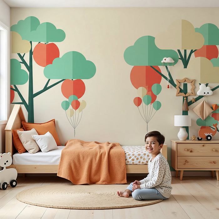 Papel pintado infantil | Árboles de colores y globos flotantes en un paisaje suave
