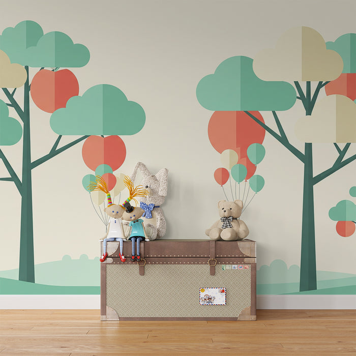 Papel pintado infantil | Árboles de colores y globos flotantes en un paisaje suave