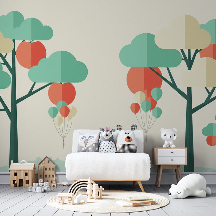 Papel pintado infantil | Árboles de colores y globos flotantes en un paisaje suave