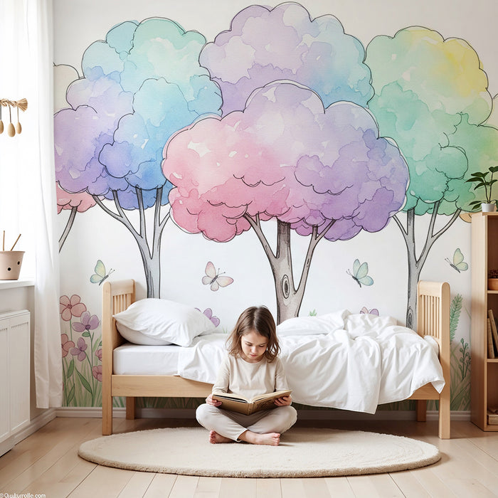 Kinderzimmer Tapete | Bunte Bäume und Blumen in einer bezaubernden Landschaft