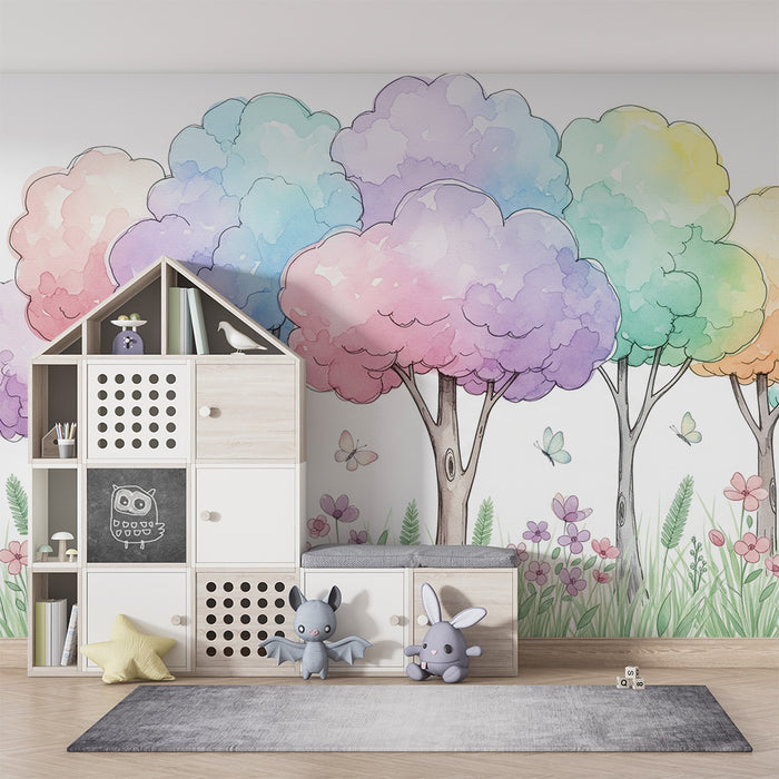 Kinderzimmer Tapete | Bunte Bäume und Blumen in einer bezaubernden Landschaft