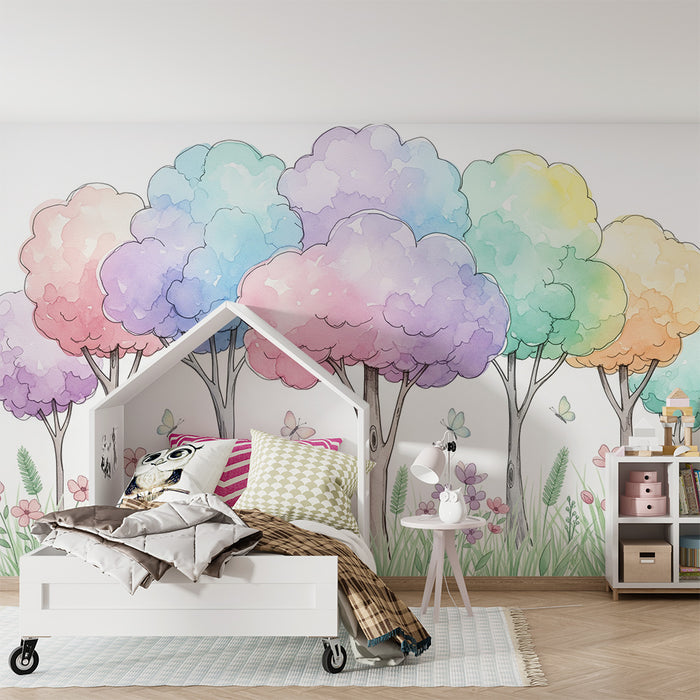 Kinderzimmer Tapete | Bunte Bäume und Blumen in einer bezaubernden Landschaft