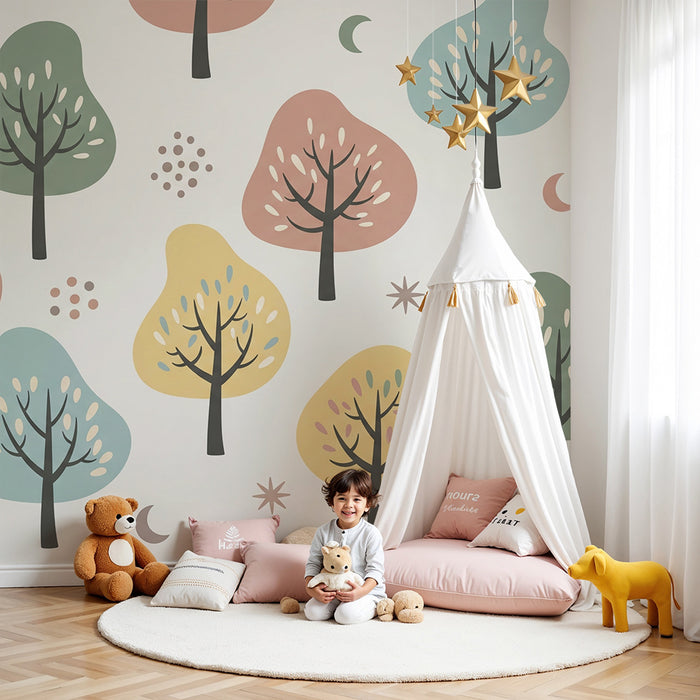 Papel de parede criança | Colorful trees and playful patterns for a joyful atmosphere