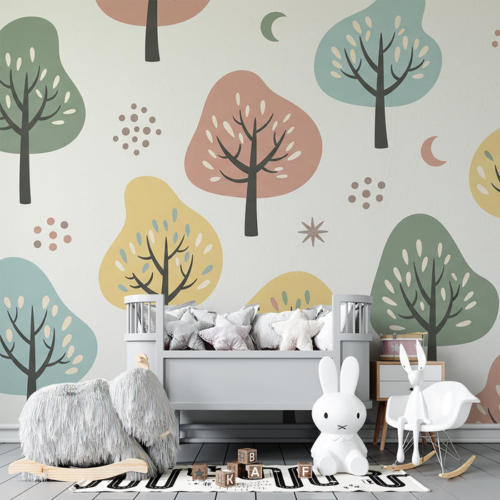 Papel de parede criança | Colorful trees and playful patterns for a joyful atmosphere