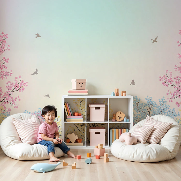 Papier peint chambre enfant | Arbres en fleurs avec ciel pastel