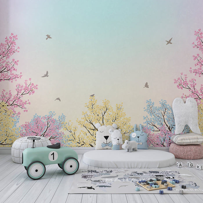 Papier peint chambre enfant | Arbres en fleurs avec ciel pastel