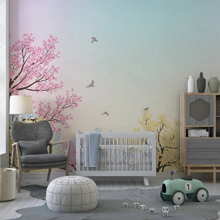Papier peint chambre enfant | Arbres en fleurs avec ciel pastel