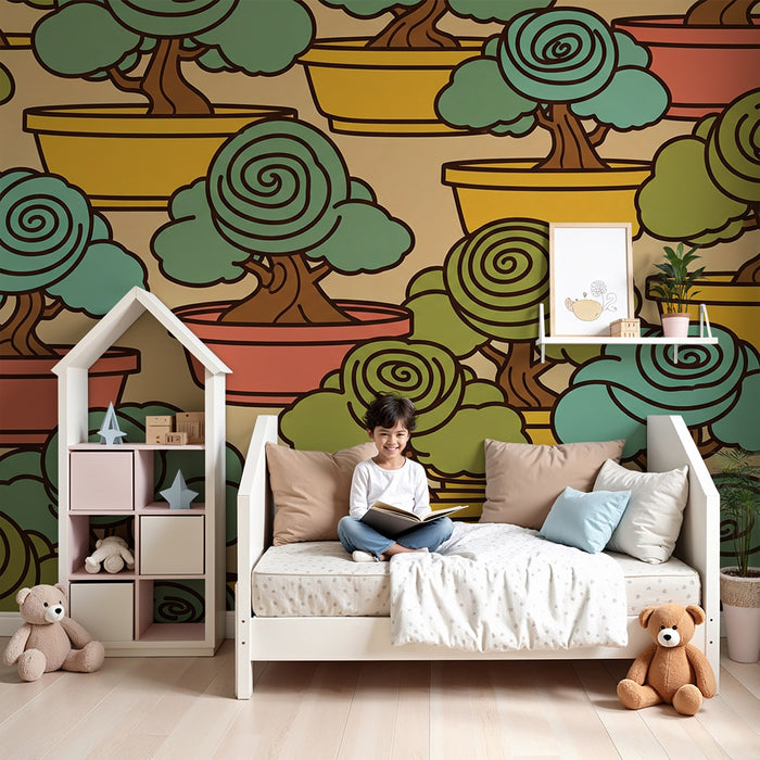 Behang kinderkamer | Kleurrijke bomen in potten met spiraalvormig bladerdak