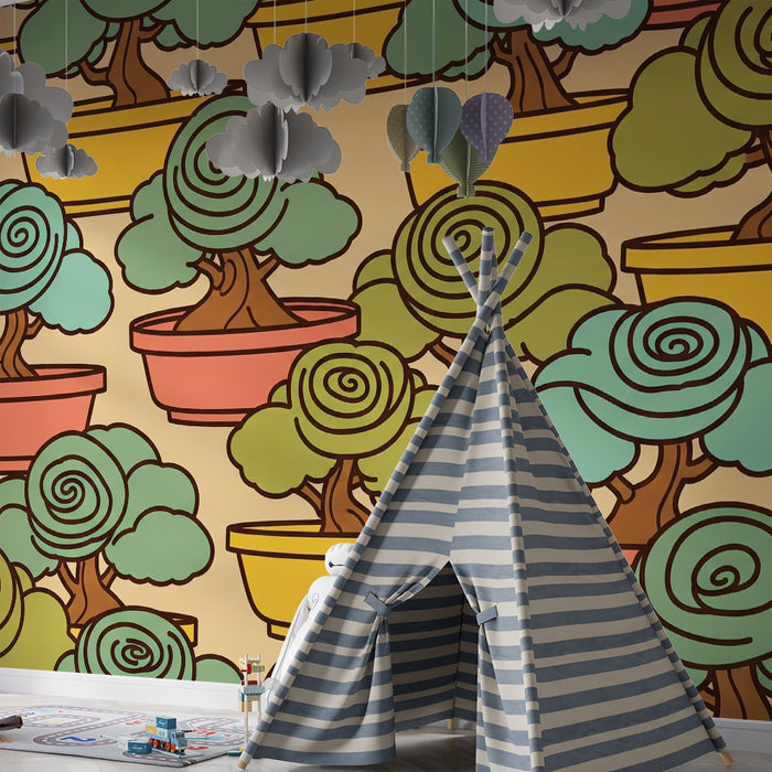 Behang kinderkamer | Kleurrijke bomen in potten met spiraalvormig bladerdak