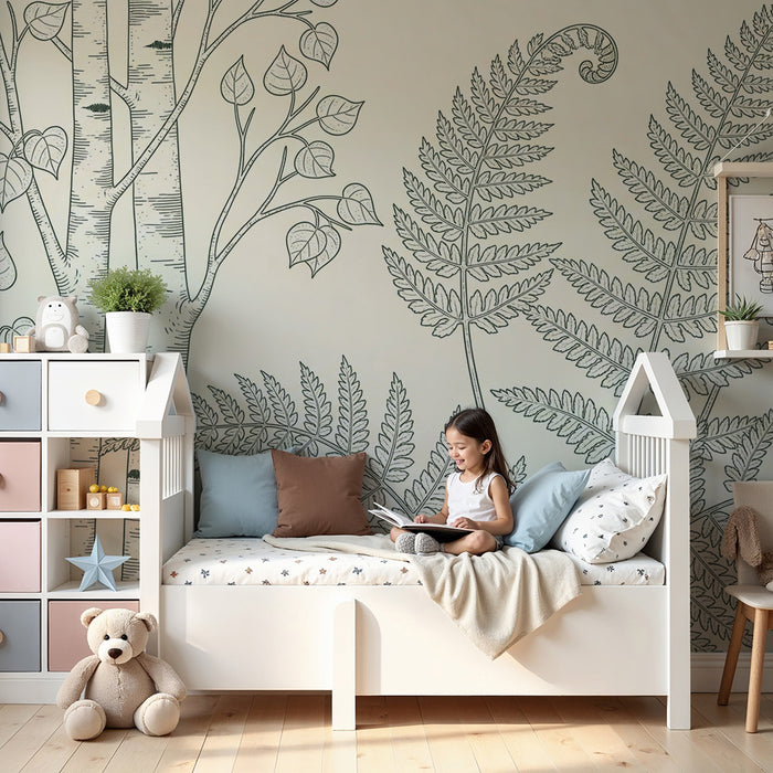 Papel de parede para quarto infantil | Árvores e fetos delicados sobre fundo creme
