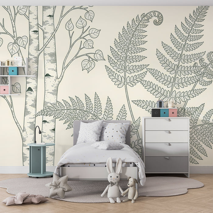 Papel de parede para quarto infantil | Árvores e fetos delicados sobre fundo creme
