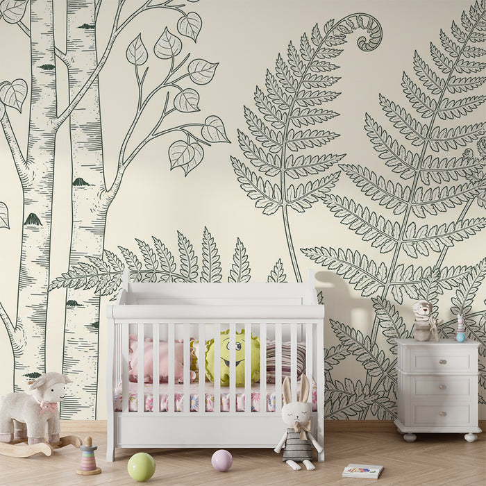 Papel de parede para quarto infantil | Árvores e fetos delicados sobre fundo creme