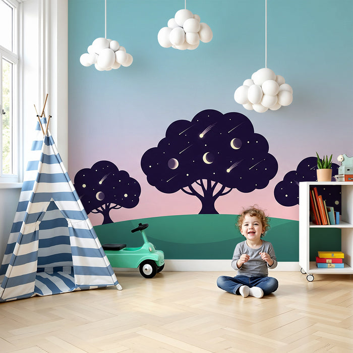 Papel pintado para habitación infantil | Árboles estrellados bajo un cielo pastel