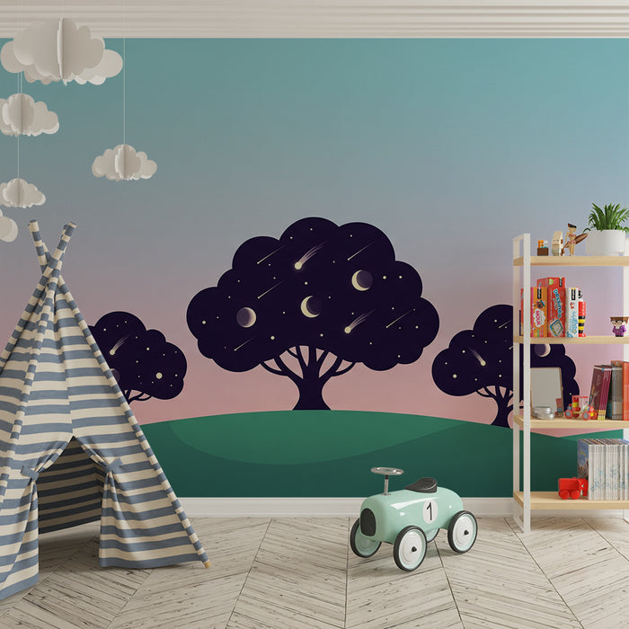Papel pintado para habitación infantil | Árboles estrellados bajo un cielo pastel