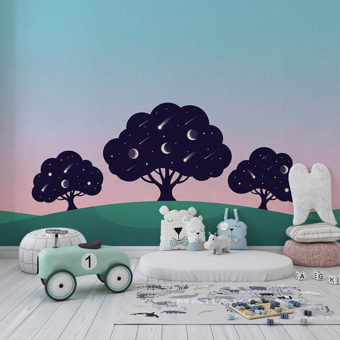 Papel pintado para habitación infantil | Árboles estrellados bajo un cielo pastel
