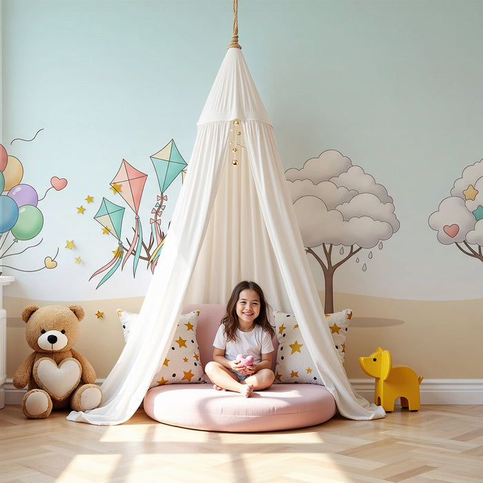 Papel pintado infantil | Árboles divertidos con globos, cometas y nubes de colores