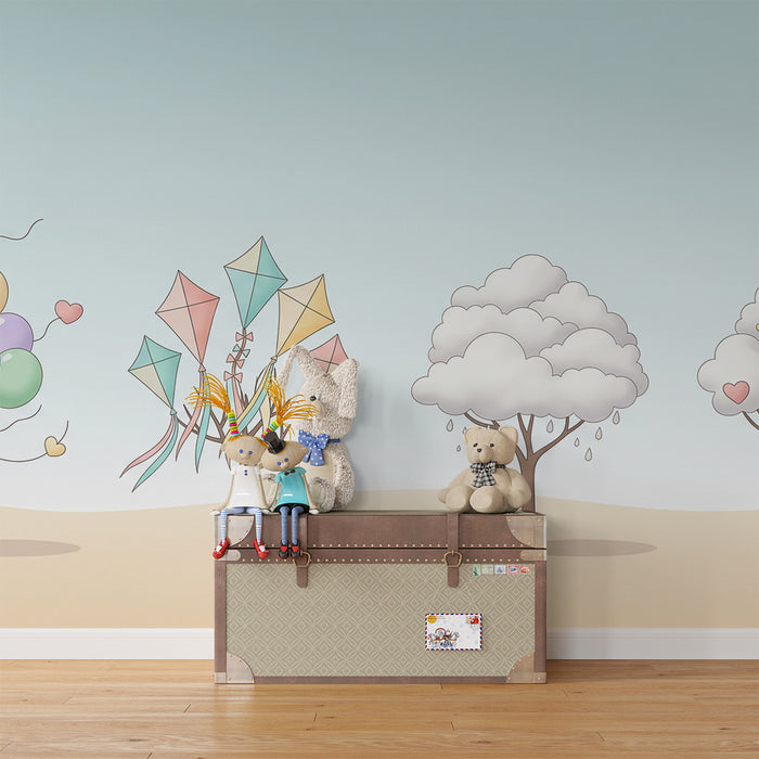 Papel pintado infantil | Árboles divertidos con globos, cometas y nubes de colores