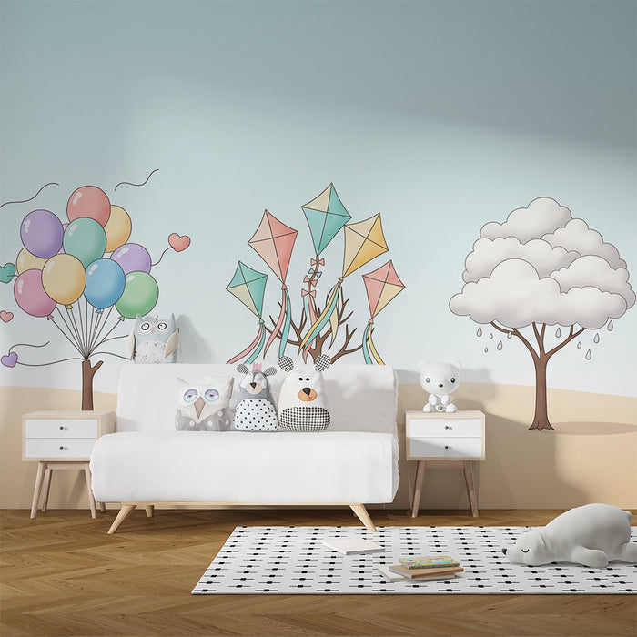 Papel pintado infantil | Árboles divertidos con globos, cometas y nubes de colores