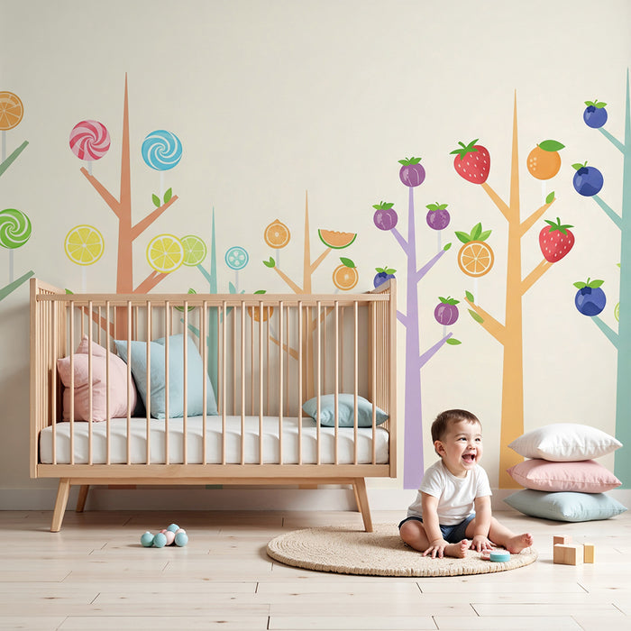 Kids' Room Wallpaper | Colorful Fruit Trees with Candy and Fruit