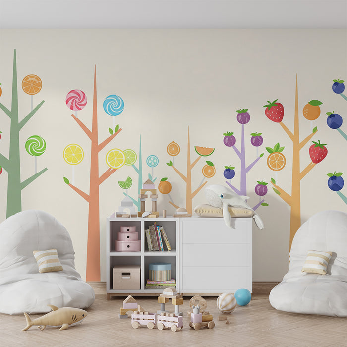 Kids' Room Wallpaper | Colorful Fruit Trees with Candy and Fruit