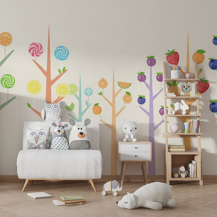 Kids' Room Wallpaper | Colorful Fruit Trees with Candy and Fruit