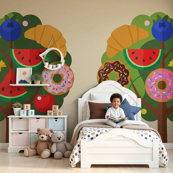 Behang kinderkamer | Vrolijk fruit met zoete lekkernijen