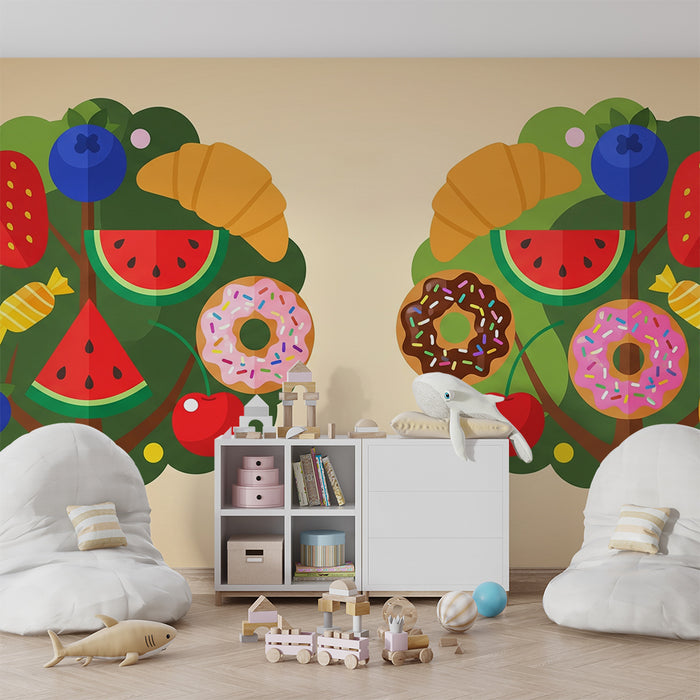 Behang kinderkamer | Vrolijk fruit met zoete lekkernijen