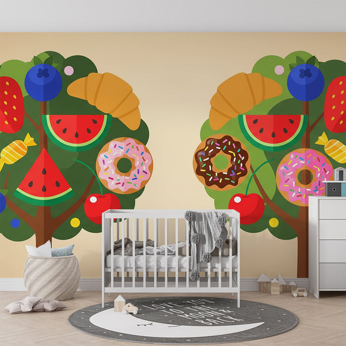 Behang kinderkamer | Vrolijk fruit met zoete lekkernijen