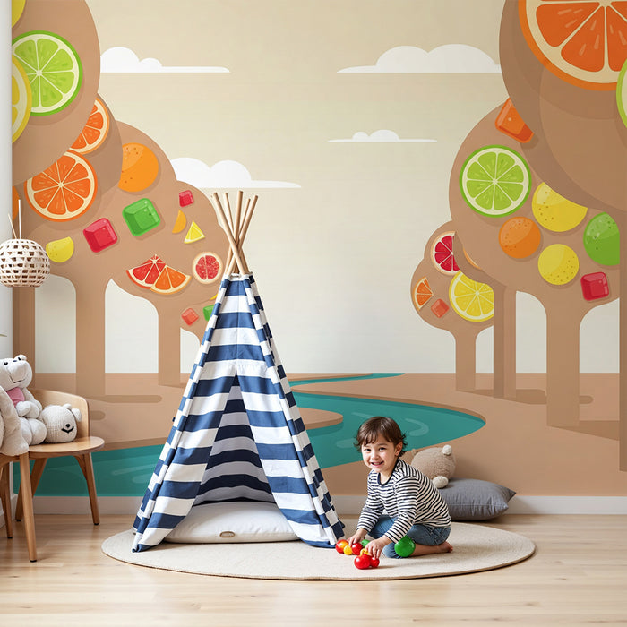 Kids' Room Wallpaper | Colorful Fruit Trees with Soothing River