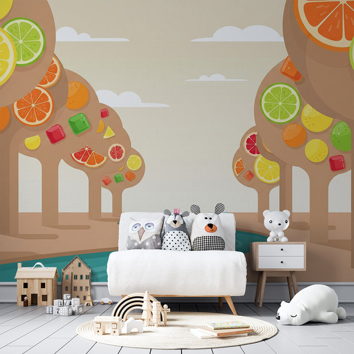 Kids' Room Wallpaper | Colorful Fruit Trees with Soothing River