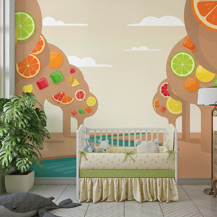 Kids' Room Wallpaper | Colorful Fruit Trees with Soothing River