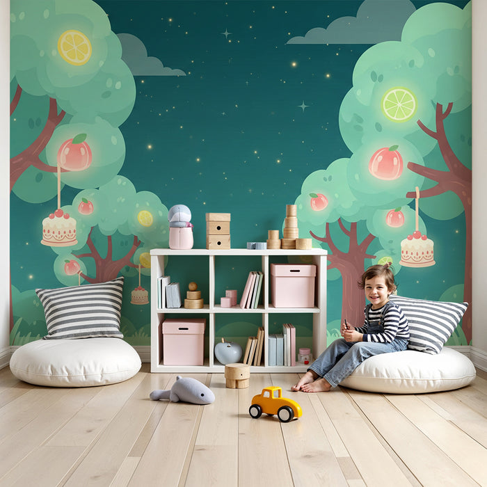 Children's Room Wallpaper | Enchanted Fruit Trees with Hanging Cakes