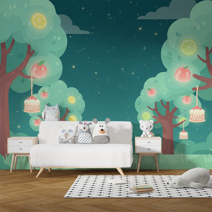 Children's Room Wallpaper | Enchanted Fruit Trees with Hanging Cakes