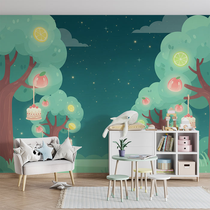 Children's Room Wallpaper | Enchanted Fruit Trees with Hanging Cakes
