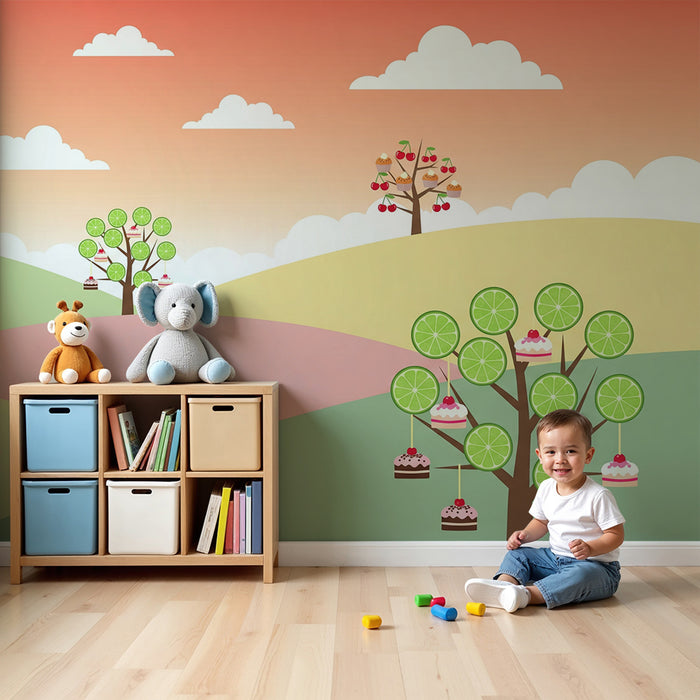 Kinderzimmer Tapete | Süße Bäume mit Cupcakes und bunten Früchten