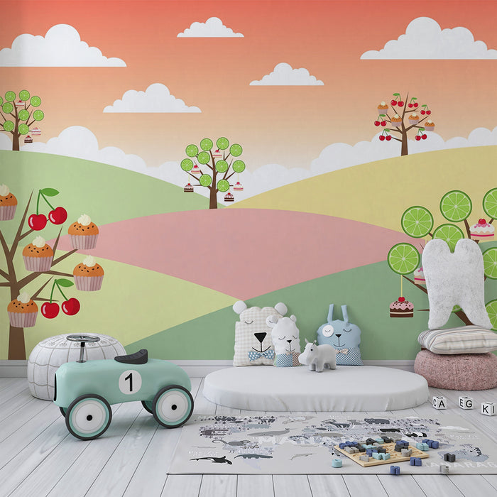 Kinderzimmer Tapete | Süße Bäume mit Cupcakes und bunten Früchten