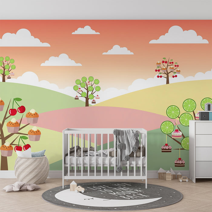 Kinderzimmer Tapete | Süße Bäume mit Cupcakes und bunten Früchten