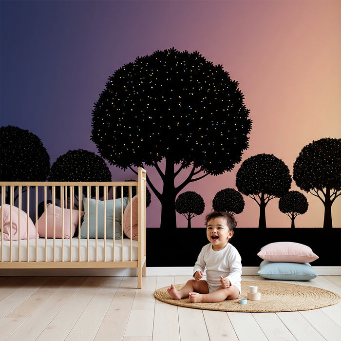 Kids' Room Wallpaper | Glowing Trees Under a Gradient Sky