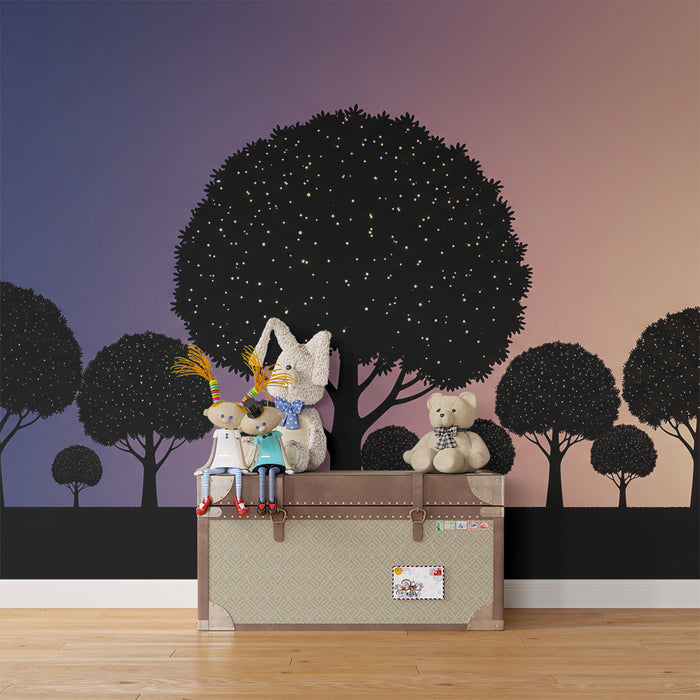 Kids' Room Wallpaper | Glowing Trees Under a Gradient Sky