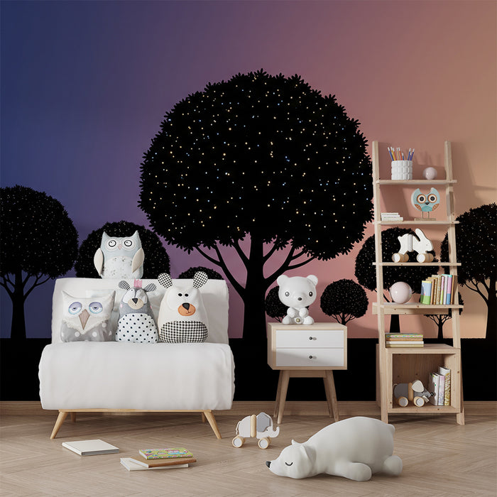 Kids' Room Wallpaper | Glowing Trees Under a Gradient Sky