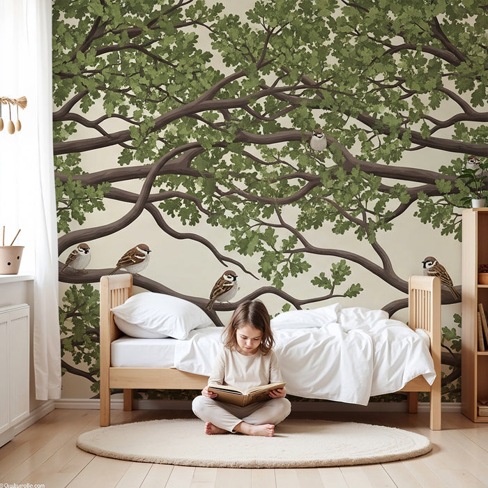 Papel pintado infantil | Árboles majestuosos con pájaros en ramas frondosas