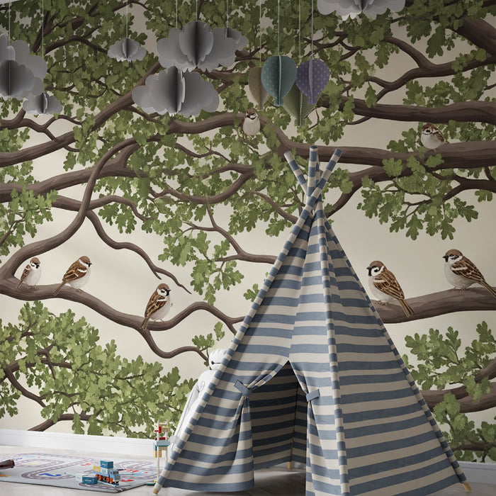 Papel pintado infantil | Árboles majestuosos con pájaros en ramas frondosas