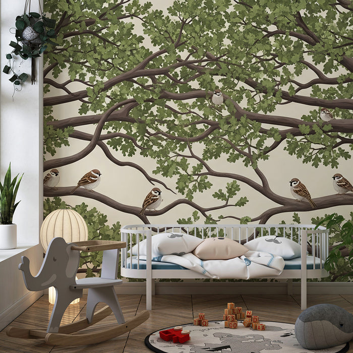 Papel pintado infantil | Árboles majestuosos con pájaros en ramas frondosas