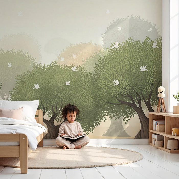 Papier peint chambre enfant | Arbres majestueux et oiseaux dans un paysage apaisant