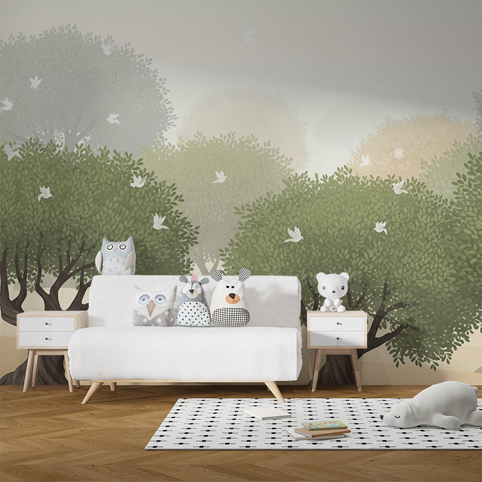 Papier peint chambre enfant | Arbres majestueux et oiseaux dans un paysage apaisant