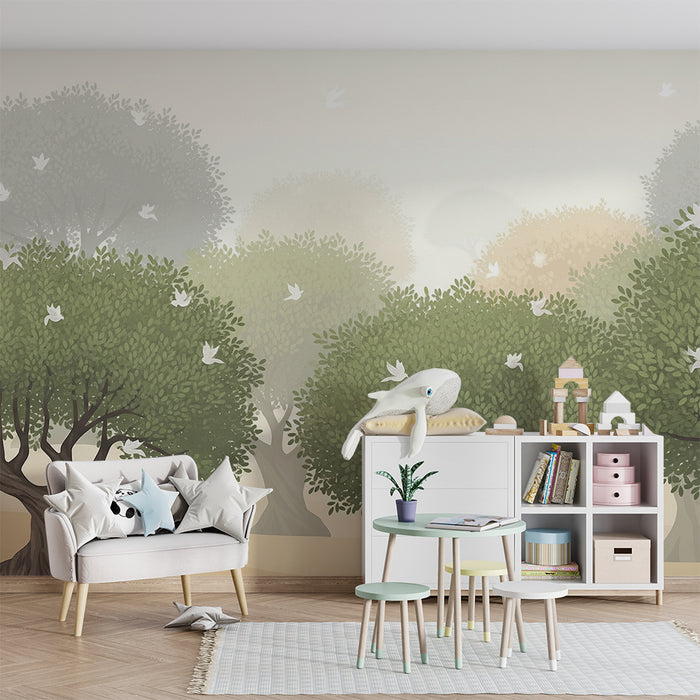 Papier peint chambre enfant | Arbres majestueux et oiseaux dans un paysage apaisant