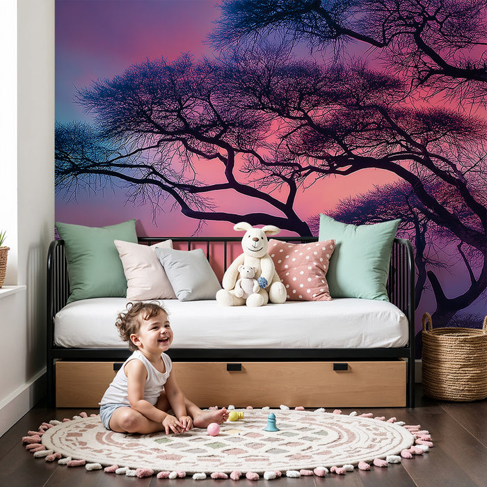 Kids room wallpaper | Silhouetted trees under a colorful twilight sky