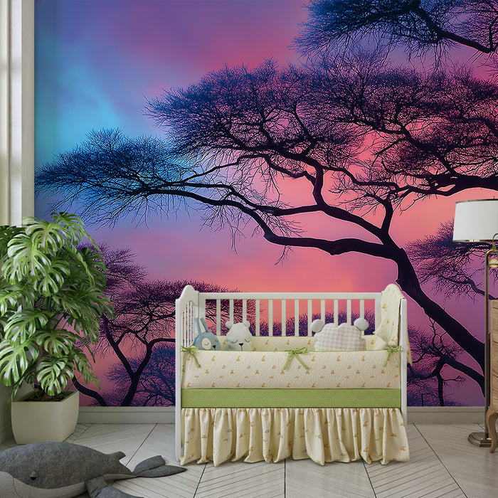 Kids room wallpaper | Silhouetted trees under a colorful twilight sky