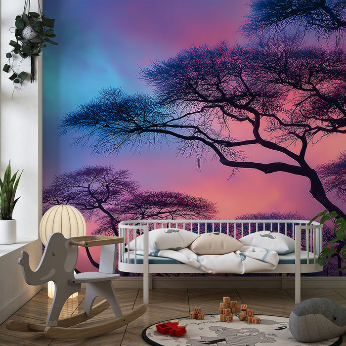 Kids room wallpaper | Silhouetted trees under a colorful twilight sky