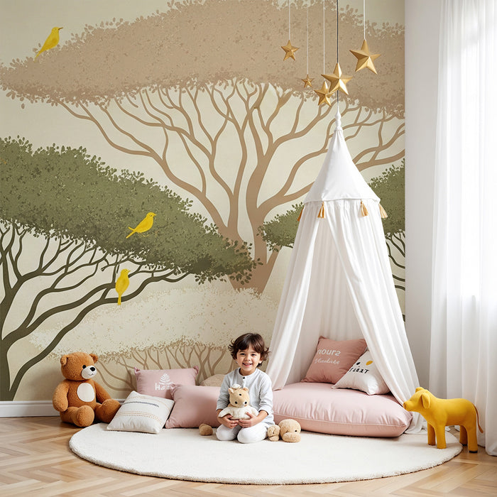 Papel pintado infantil | Árboles estilizados con pájaros amarillos sobre fondo suave